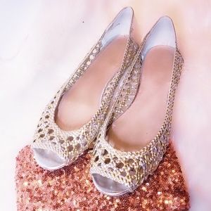 Gold Silver Tan Flats sandals peep toe 10 Leather